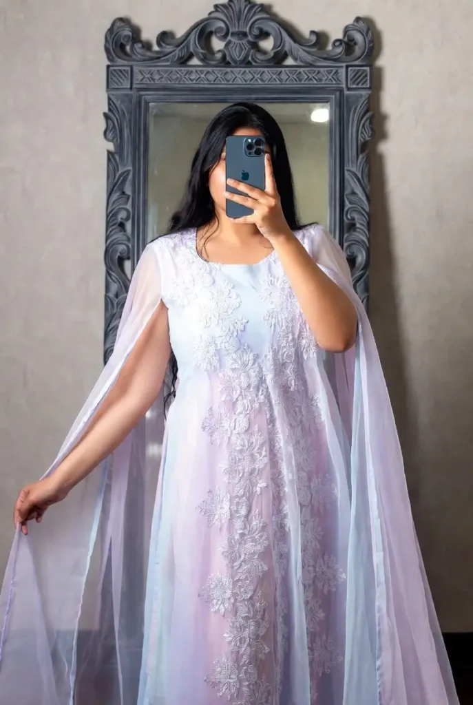 Elegant cape-style kurti with embroidery - Indian outfit ideas for plus-size women