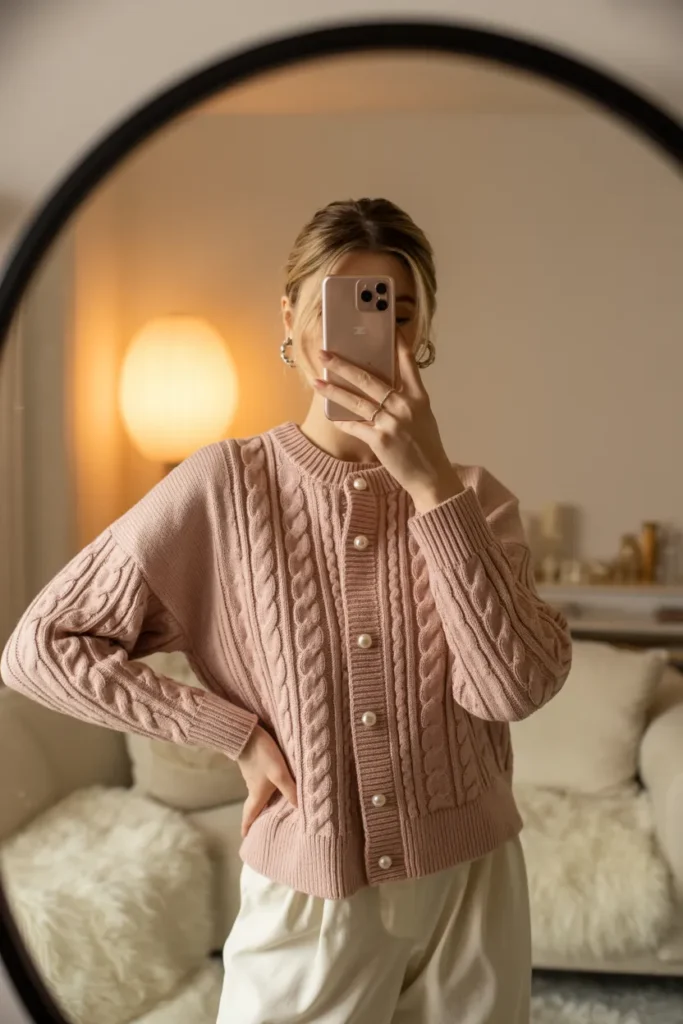 Soft knit cardigan set styled for a cozy feminine look in 10 Cute Simple Outfit Ideas.