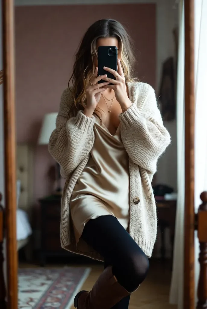 Soft beige cardigan over slip dress with black tights and boots for 10 Brunch Outfit Ideas for Winter.