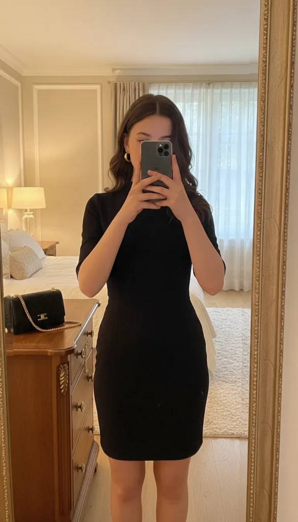Girl in fitted little black dress mirror selfie with chain bag — timeless look from 17 outfit ideas for 16th birthday
