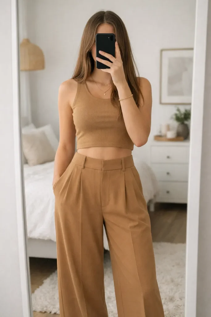 Camel crop top and wide-leg trouser mirror selfie — chic two-piece from 17 outfit ideas for 16th birthday
