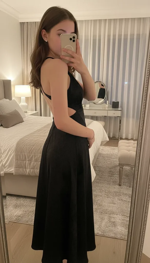 Girl in black backless cutout midi dress mirror selfie — bold look from 17 outfit ideas for 16th birthday
