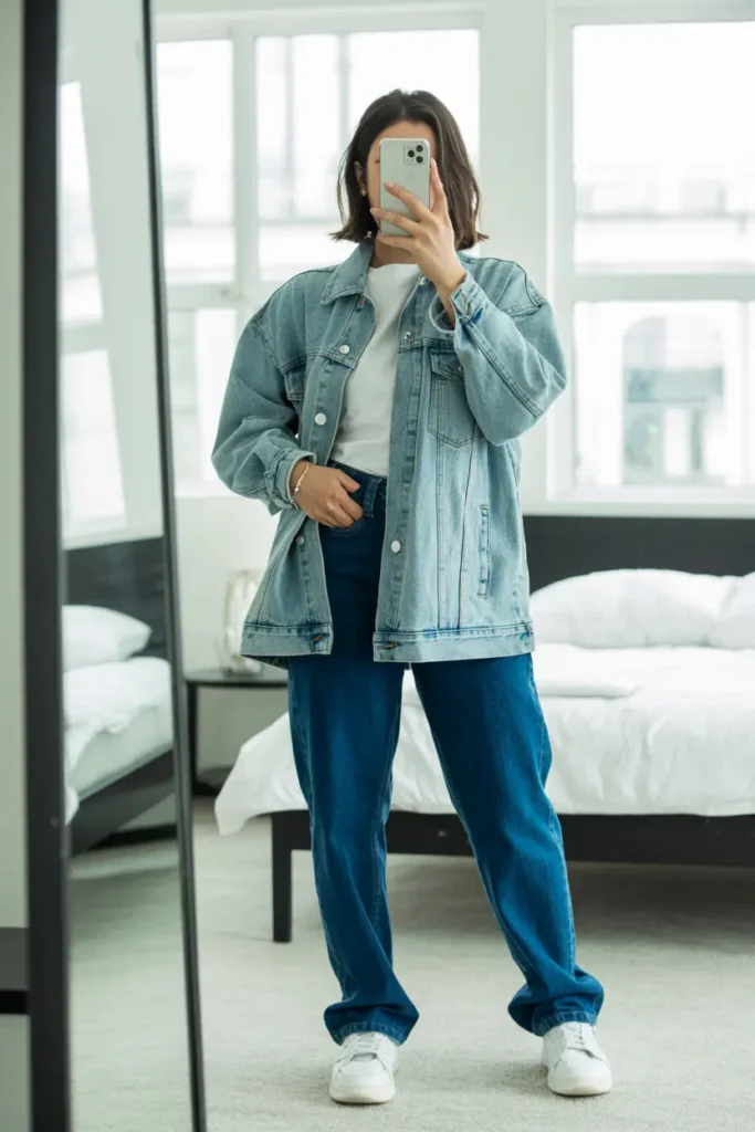 Full denim on denim look in simple streetwear outfits: jacket, jeans, and sneakers for timeless style.