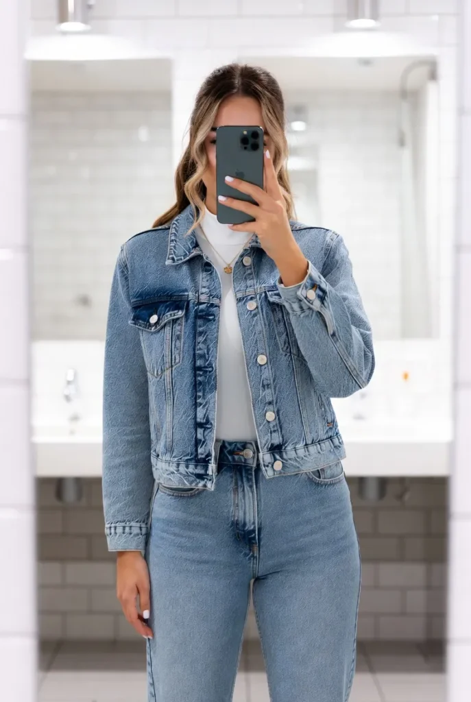 Classic blue denim jacket and jeans layered over white top for 10 Brunch Outfit Ideas for Winter.