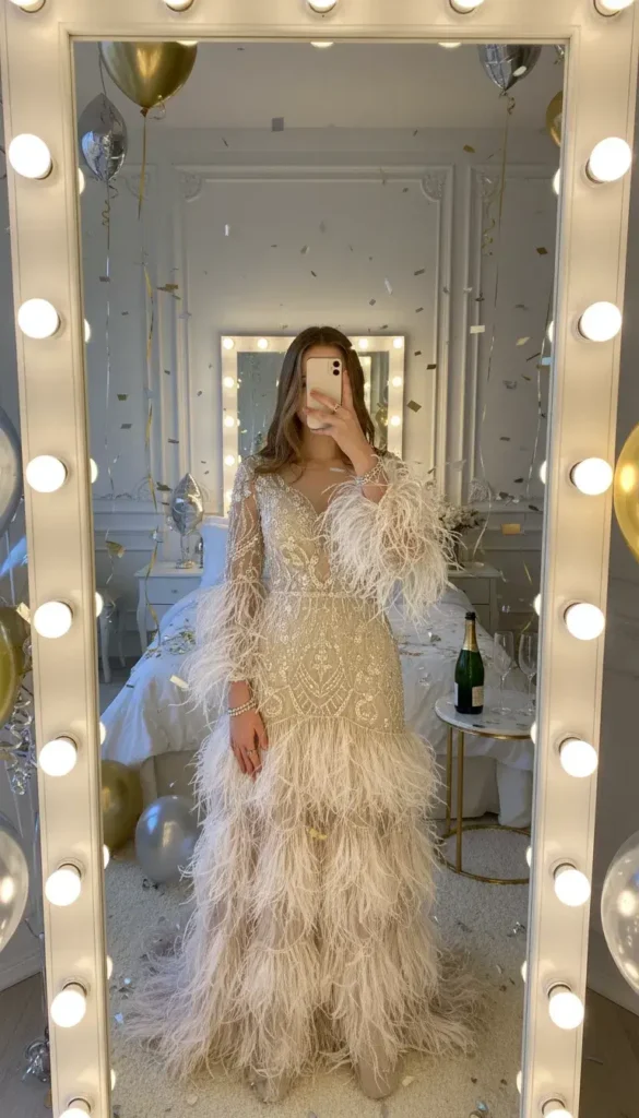 Girl in feather-trim embellished gown mirror selfie with balloons — showstopper from 17 outfit ideas for 16th birthday
