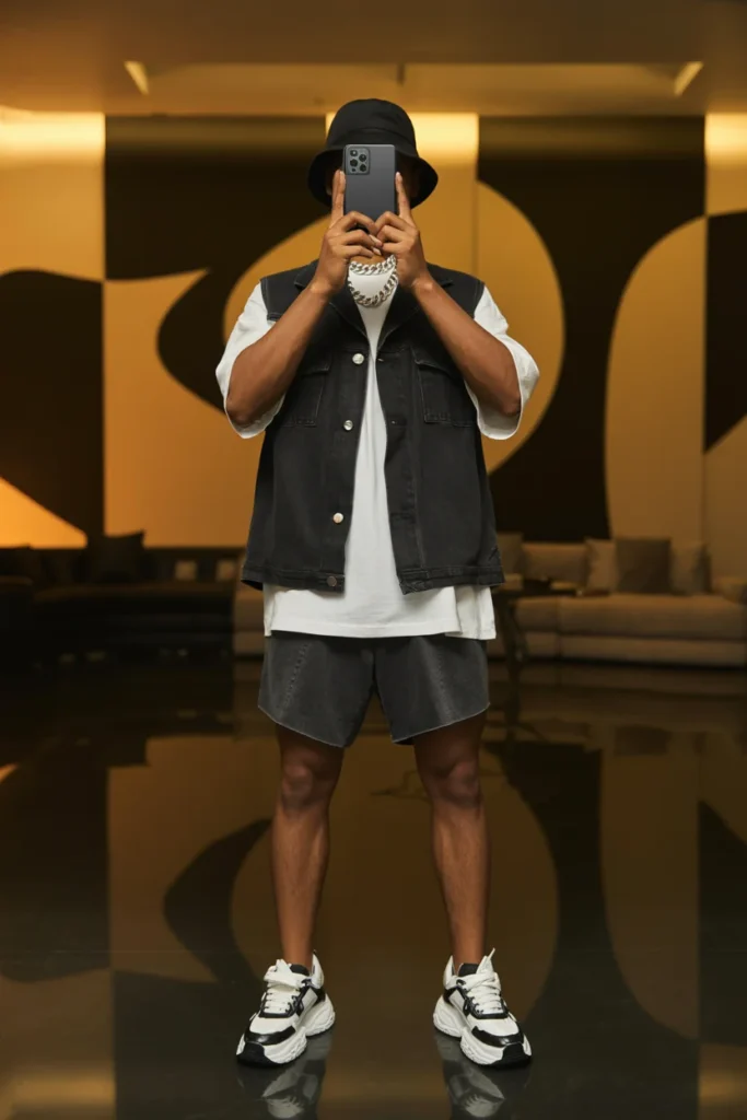 Layered festival style featuring a vest and shorts in modern Summer Streetwear Outfits for Men.