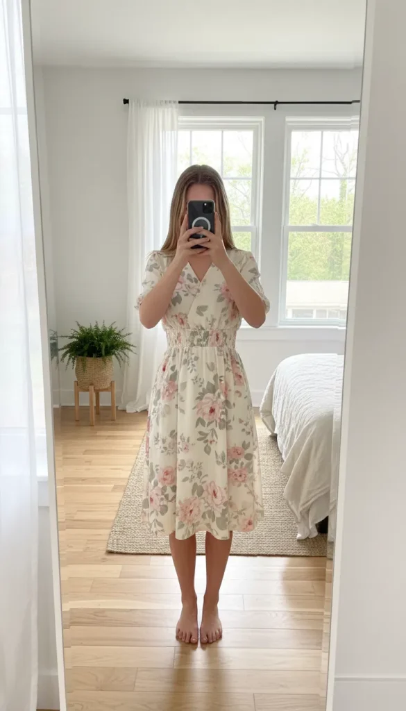 Girl in white floral midi dress taking mirror selfie — romantic pick from 17 outfit ideas for 16th birthday
