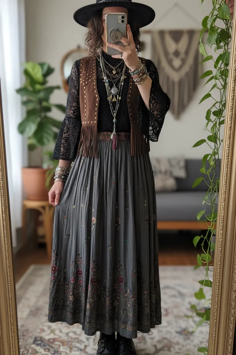 Maxi skirt and wide-brimmed hat, an earthy vibe for 15 Goth Outfit Ideas.
