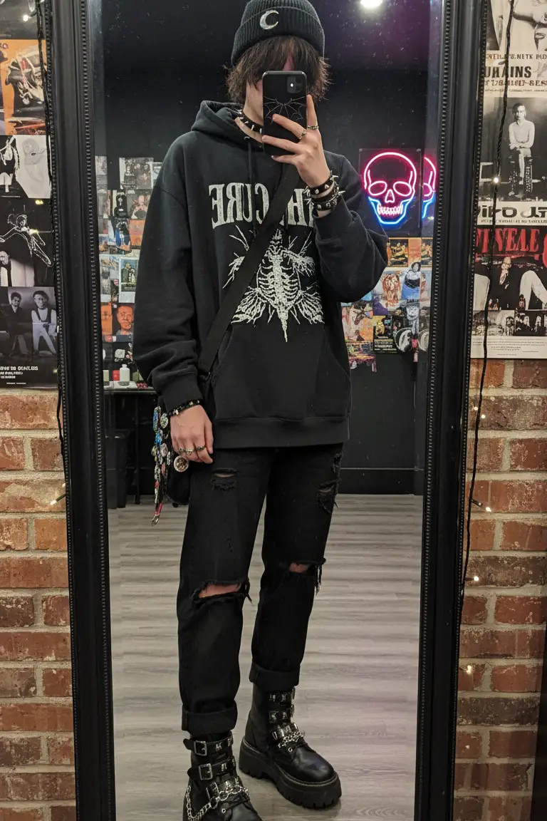 Oversized hoodie and black jeans, an easy style for 15 Goth Outfit Ideas.
