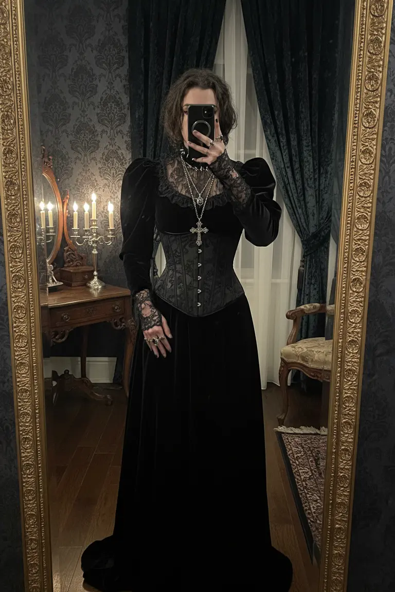 A Victorian gown with velvet and lace, a top pick for 15 Goth Outfit Ideas.
