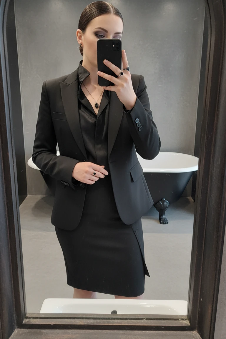 Tailored black suit and dark jewelry, a professional 15 Goth Outfit Ideas look.
