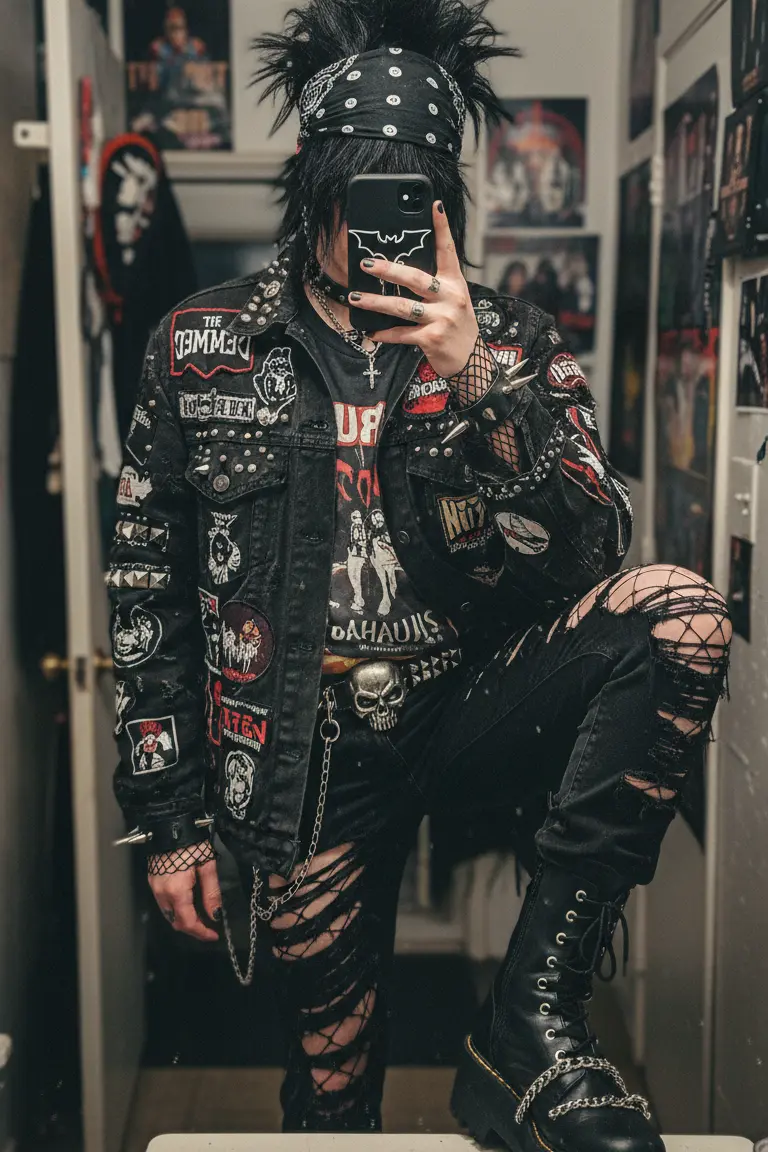 Torn fishnets and spiked hair, a raw aesthetic for 15 Goth Outfit Ideas.
Goth