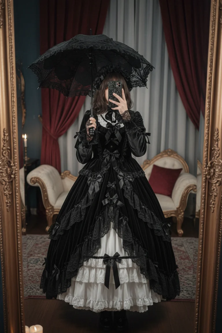 Intricate lace and bows, a sweet and dark style for 15 Goth Outfit Ideas.
