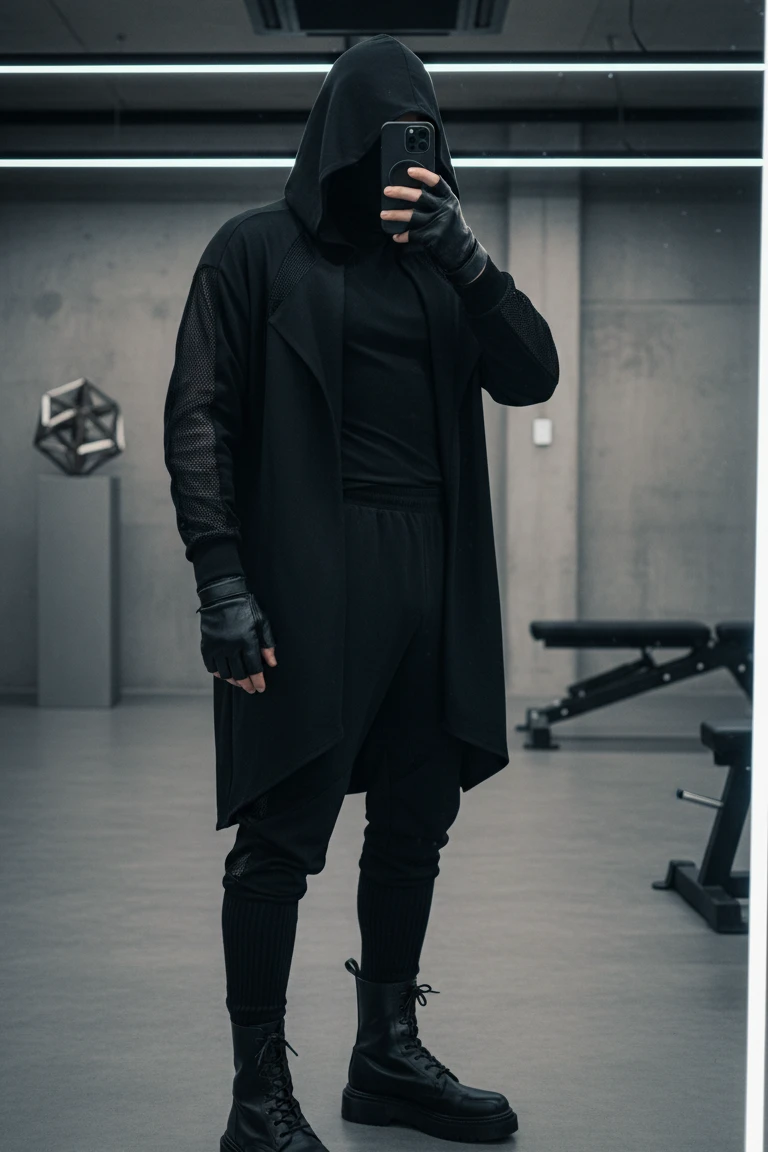 Black sportswear and mesh details, a modern 15 Goth Outfit Ideas trend.
