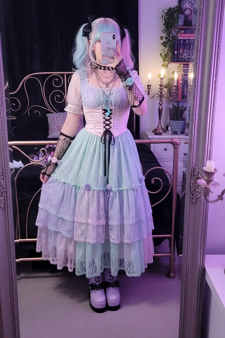 Lavender dress and dark accessories, a unique 15 Goth Outfit Ideas style.
