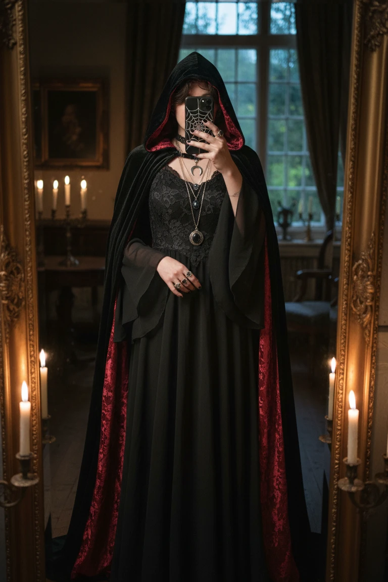 Flowy black dress and velvet cloak, perfect for 15 Goth Outfit Ideas.
Goth