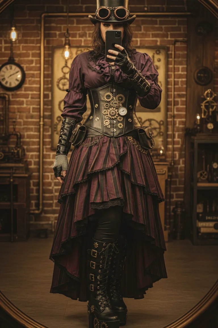 Corset and gears, a retro-futuristic look for 15 Goth Outfit Ideas.
