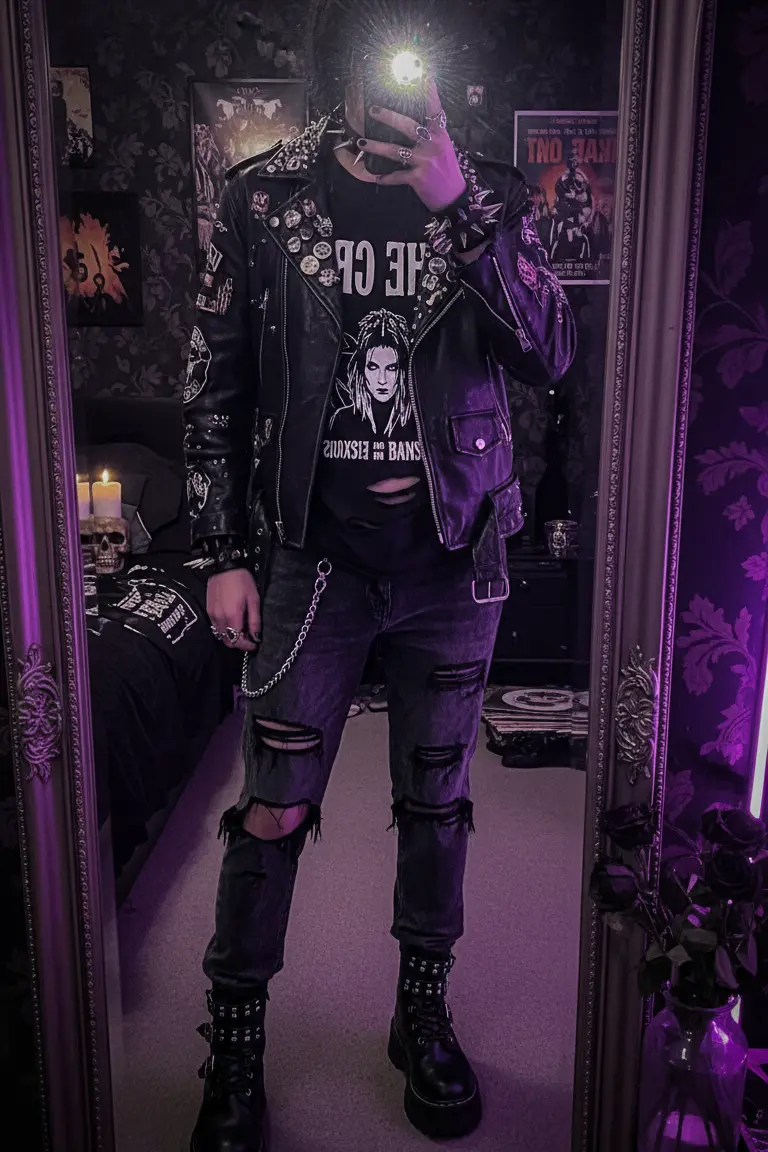 Band tee and ripped fishnets, a classic look in 15 Goth Outfit Ideas.