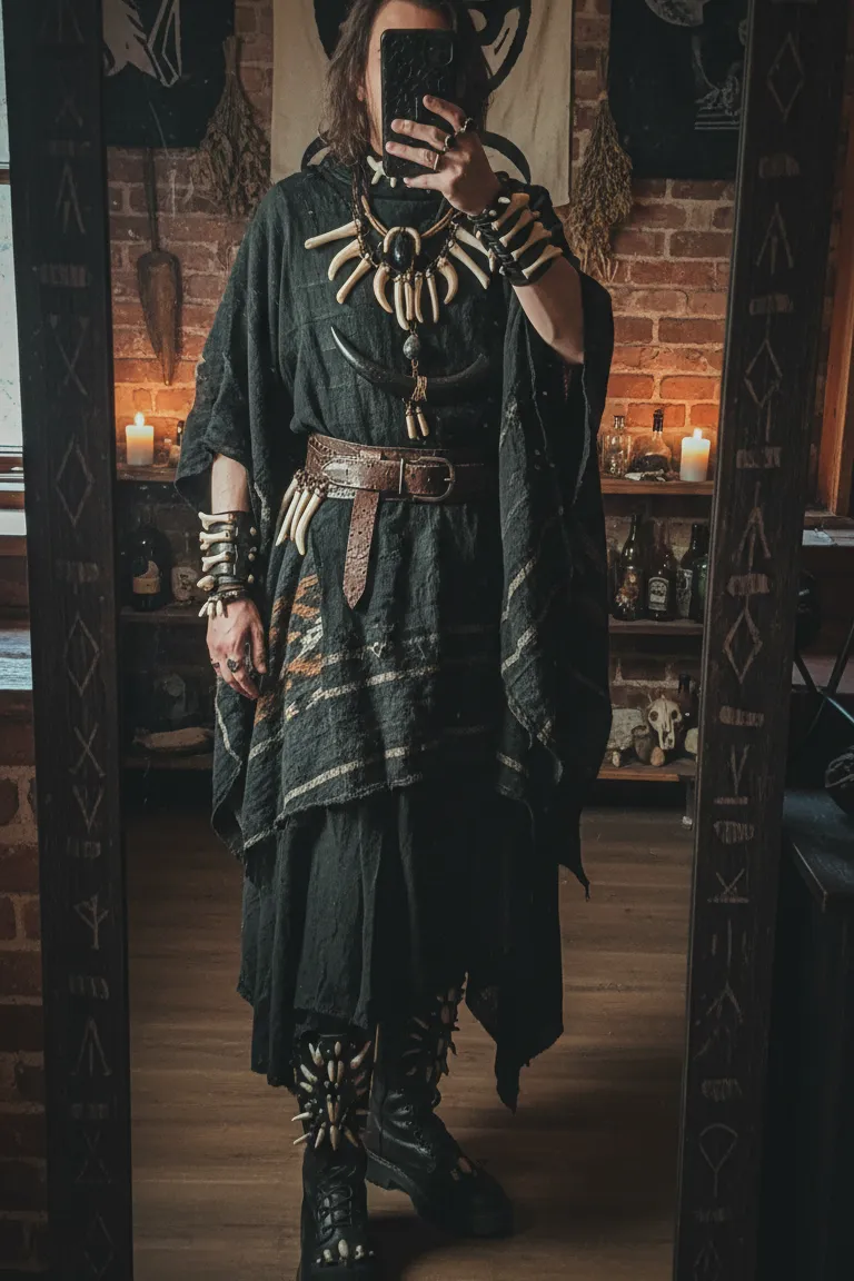 Tribal patterns and bone jewelry, a primal style for 15 Goth Outfit Ideas.
