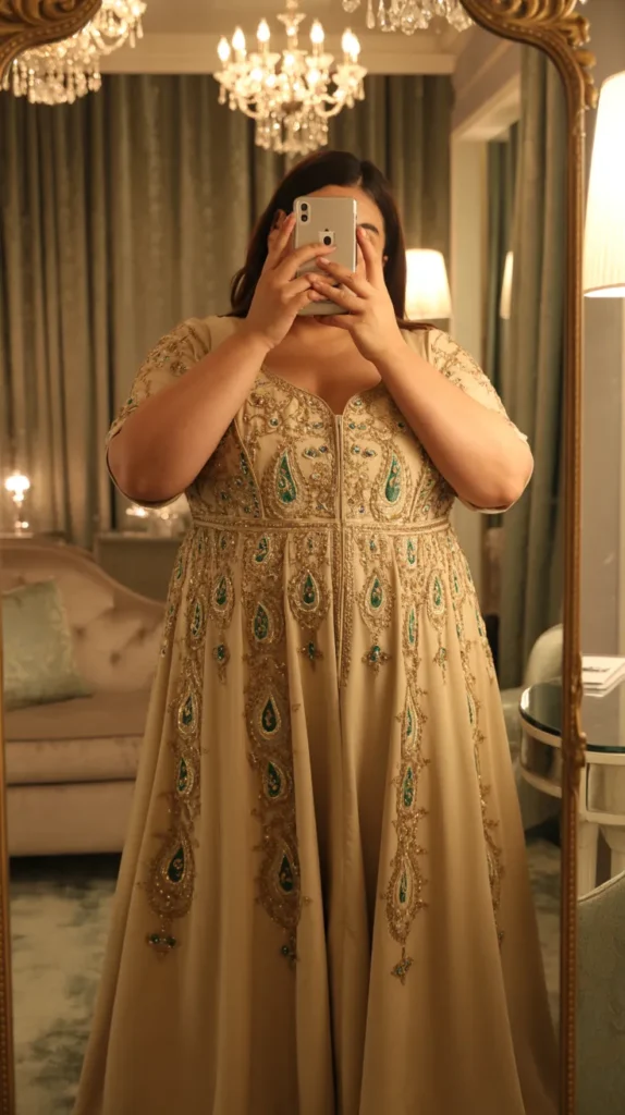 Golden Indo-Western gown with embellishments - Indian outfit ideas for plus-size women