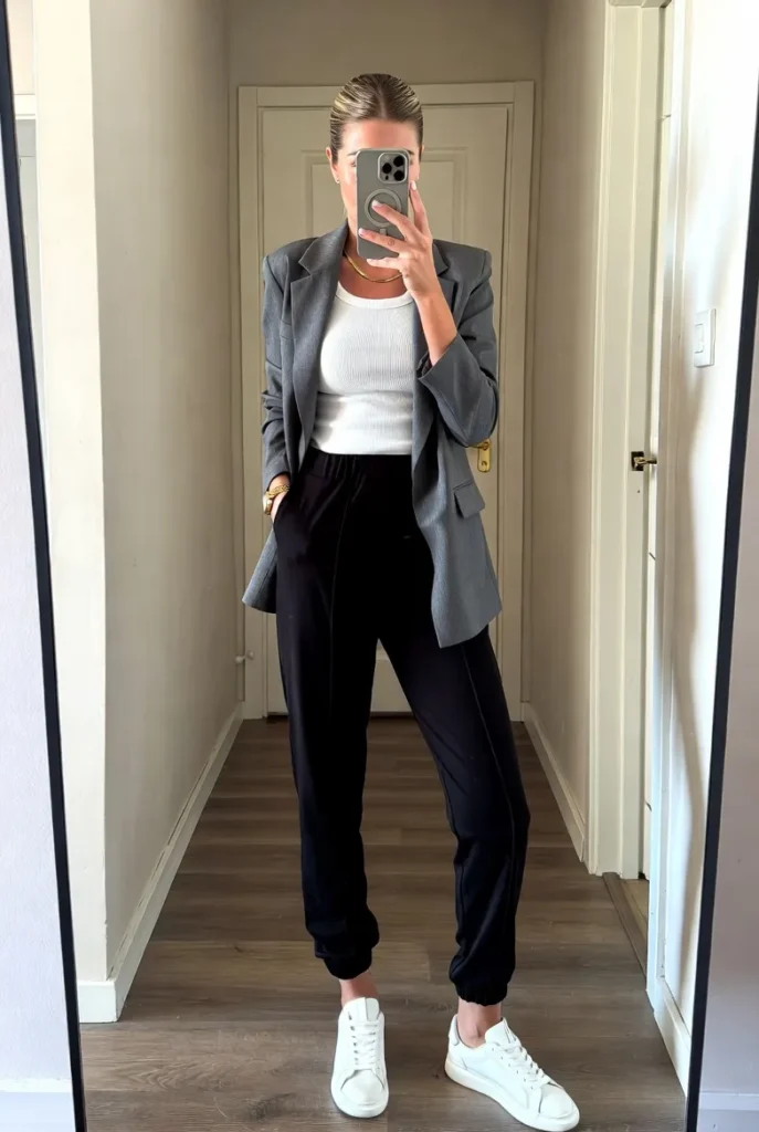 Effortless grey blazer with white top, black joggers, and sneakers from 10 Brunch Outfit Ideas for Winter.
