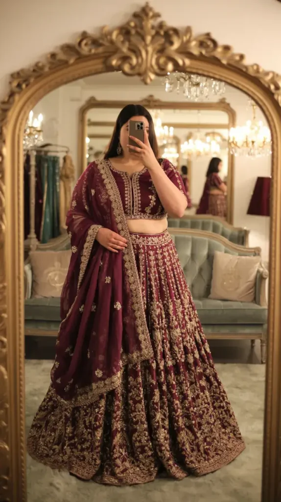 Maroon lehenga with longer choli - stunning Indian outfit ideas for plus-size women