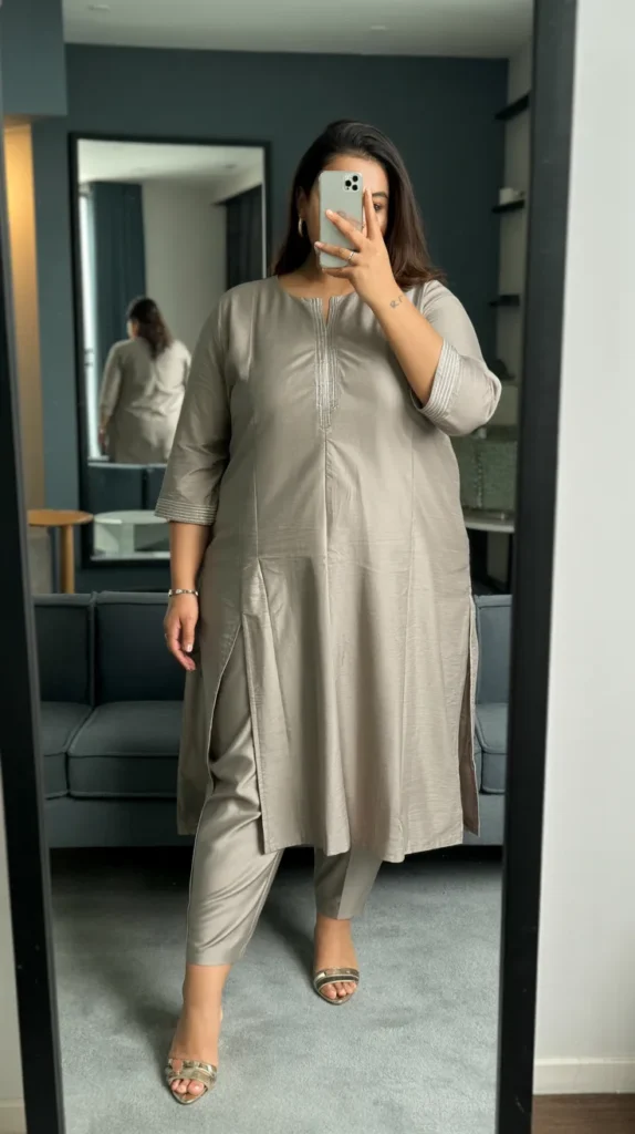 Long kurta with cigarette pants combo - Indian outfit ideas for plus-size women
