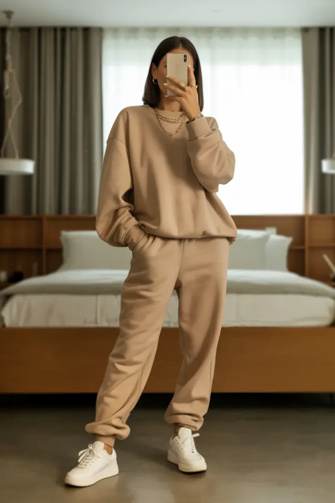 Woman in matching beige sweat set and white sneakers posing for a mirror selfie in simple streetwear outfits.