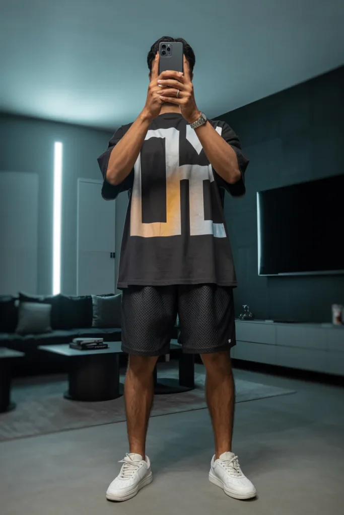 Sporty mesh shorts and a graphic t-shirt defining casual Summer Streetwear Outfits for Men.