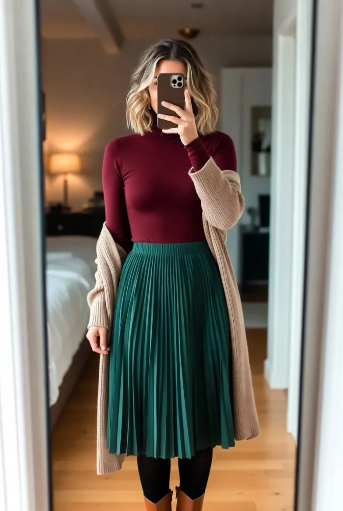 Layered maroon turtleneck with green pleated midi skirt and beige cardigan for 10 Brunch Outfit Ideas for Winter.