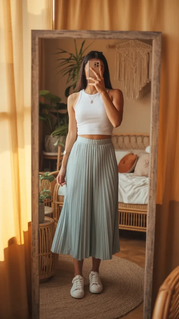 Pleated midi skirt and white crop top - casual birthday outfit idea for women