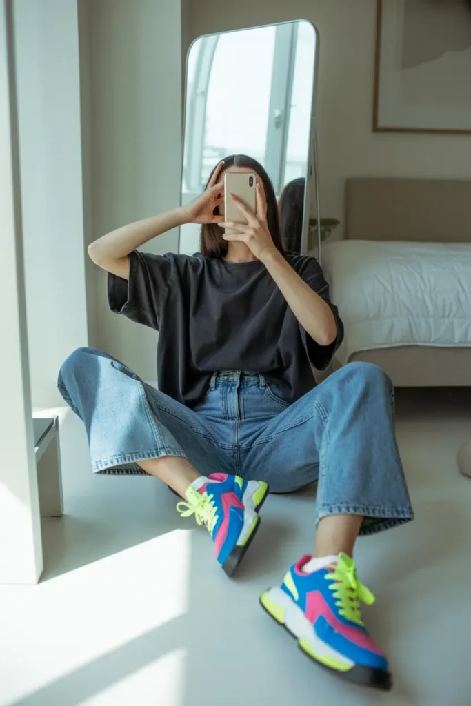 Mirror selfie in simple streetwear outfits: woman in denim jacket, graphic tee, wide-leg pants, and chunky sneakers.