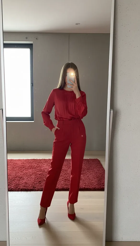Girl in all-red monochrome blouse and trousers mirror selfie — bold look from 17 outfit ideas for 16th birthday
