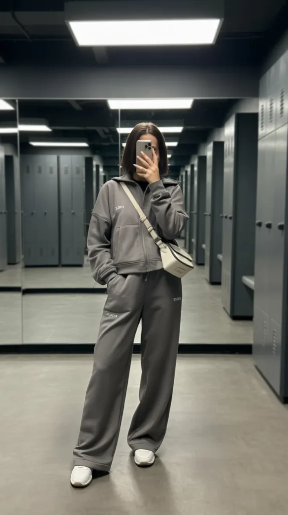 Monochrome gray tracksuit set styled casually in a modern gym look from 10 Cute Simple Outfit Ideas.