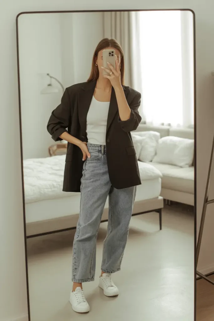 Woman in oversized black blazer, white top, jeans, and sneakers showcasing simple streetwear outfits.