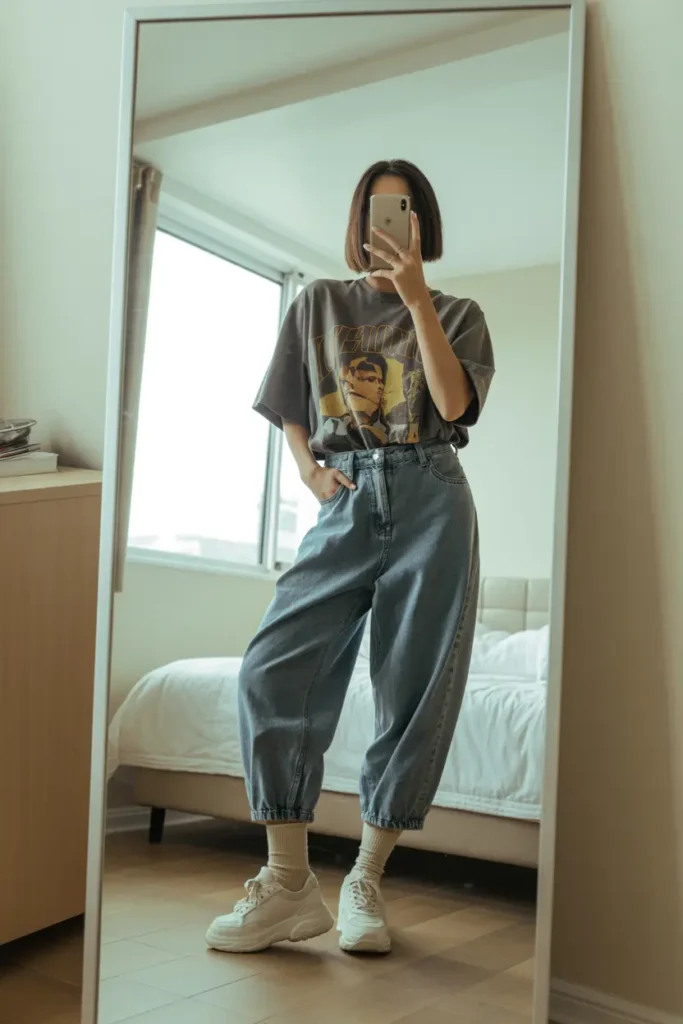 Oversized graphic tee with baggy jeans creates a cool simple streetwear outfits vibe in mirror selfie.