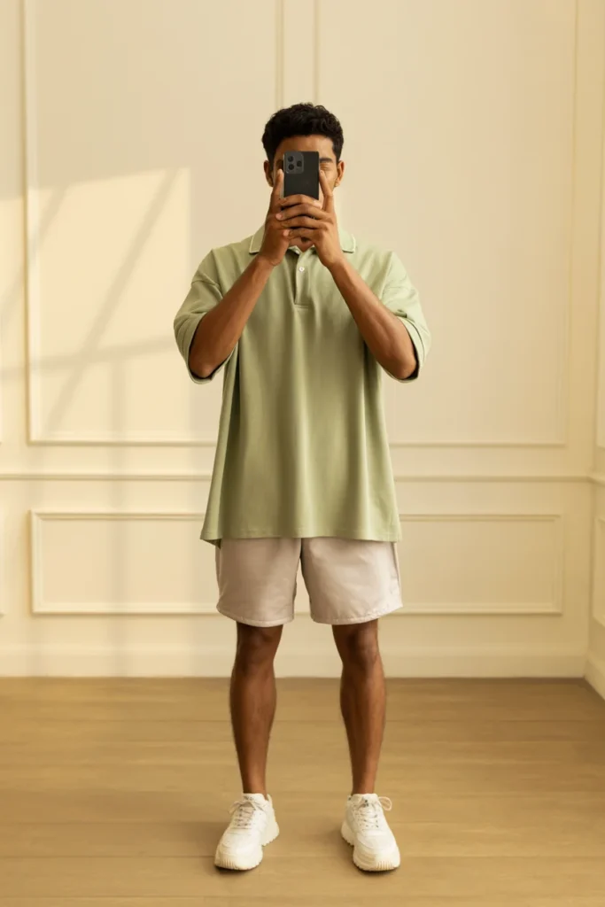 A man wearing an oversized knit polo shirt, a sophisticated take on Summer Streetwear Outfits for Men.