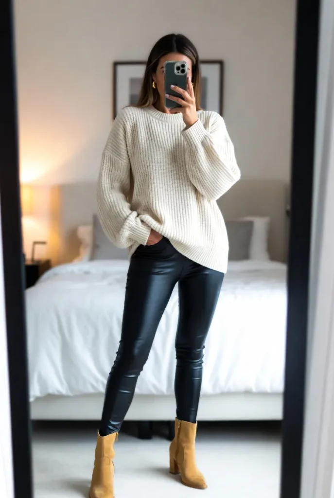 Cozy oversized cream sweater styled with black leather leggings and tan boots for 10 Brunch Outfit Ideas for Winter.