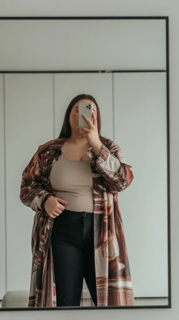 Printed jacket over basics - trendy Indian outfit ideas for plus-size women