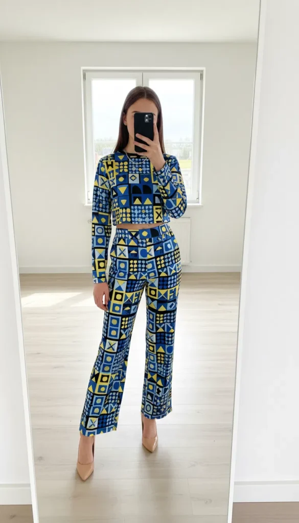 Girl in bold geometric print two-piece set mirror selfie — statement look from 17 outfit ideas for 16th birthday

