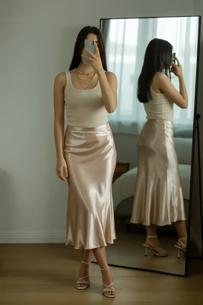 A champagne satin midi skirt and tank top for trendy Casual Classy 20th Birthday Outfit Ideas.