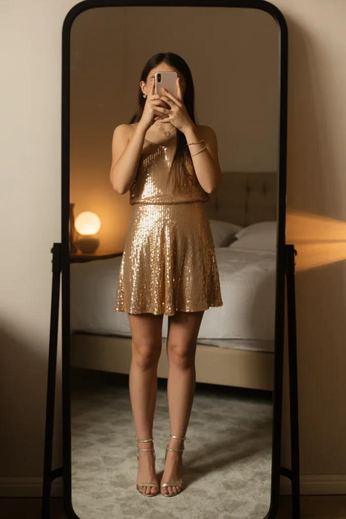 Girl in gold sequin mini dress taking mirror selfie with strappy heels — from 17 outfit ideas for 16th birthday