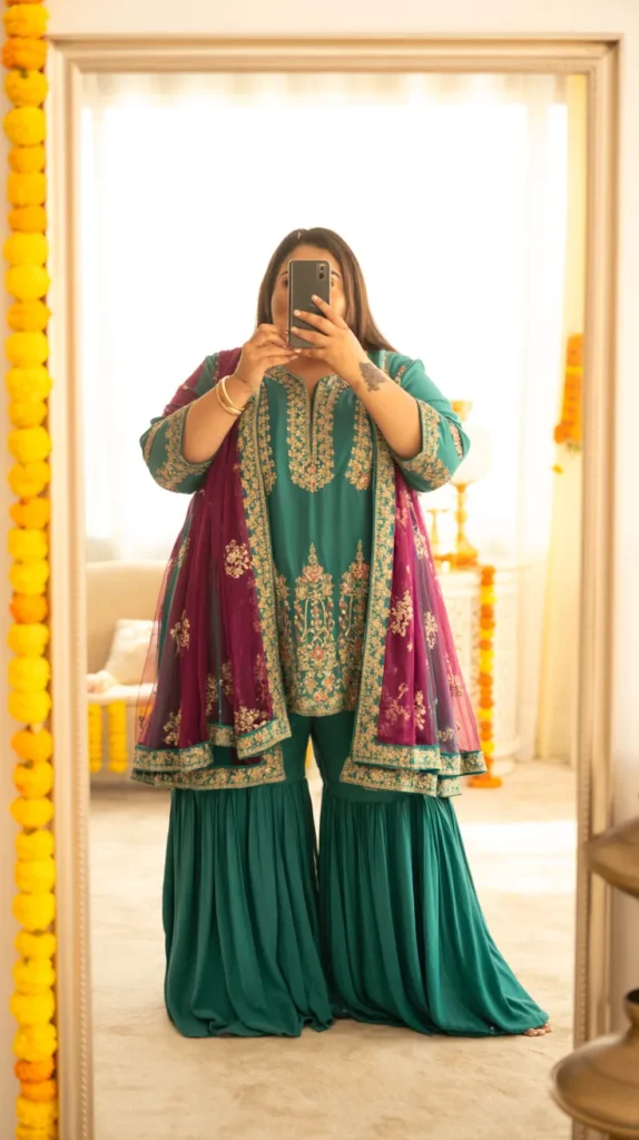 Embroidered sharara set in green and pink - Indian outfit ideas for plus-size women
