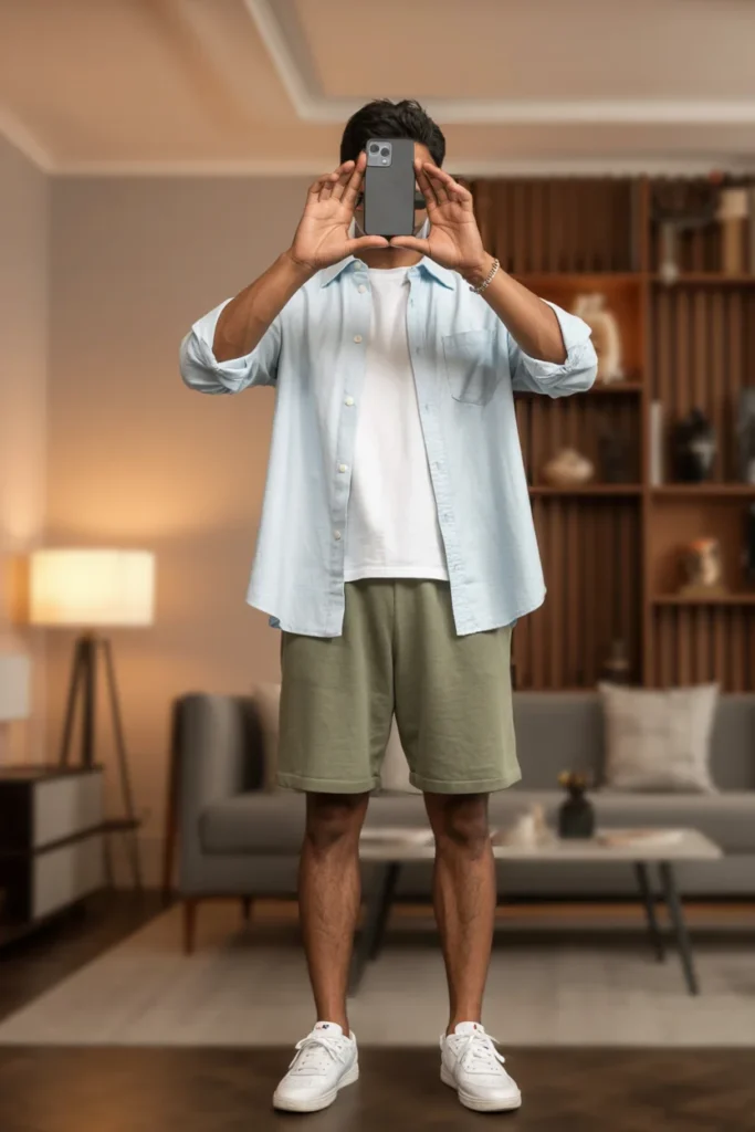 Layered look with an open light blue shirt and olive shorts, showcasing Summer Streetwear Outfits for Men.