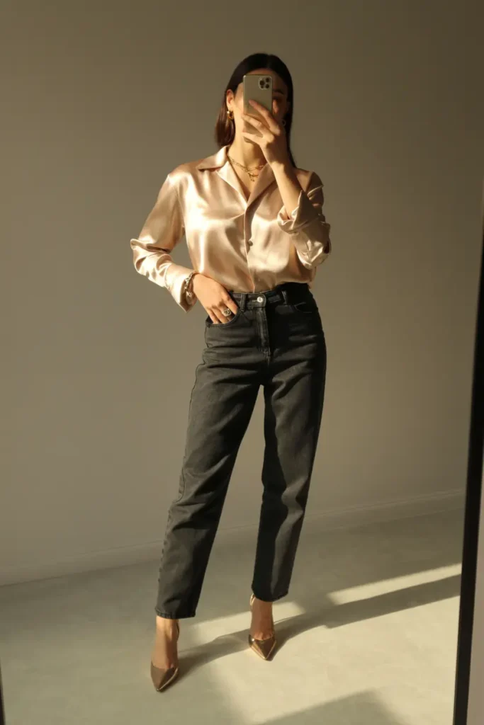 A silk blouse and dark jeans for simple, elevated Casual Classy 20th Birthday Outfit Ideas.