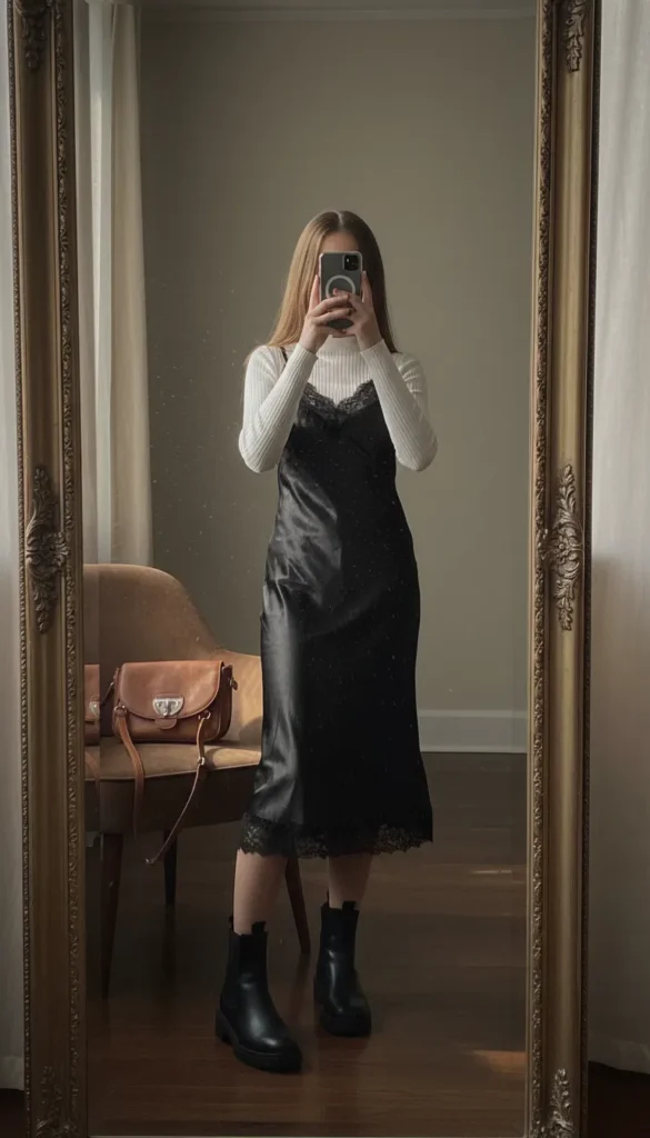 Girl in black slip dress over white turtleneck mirror selfie with boots — from 17 outfit ideas for 16th birthday