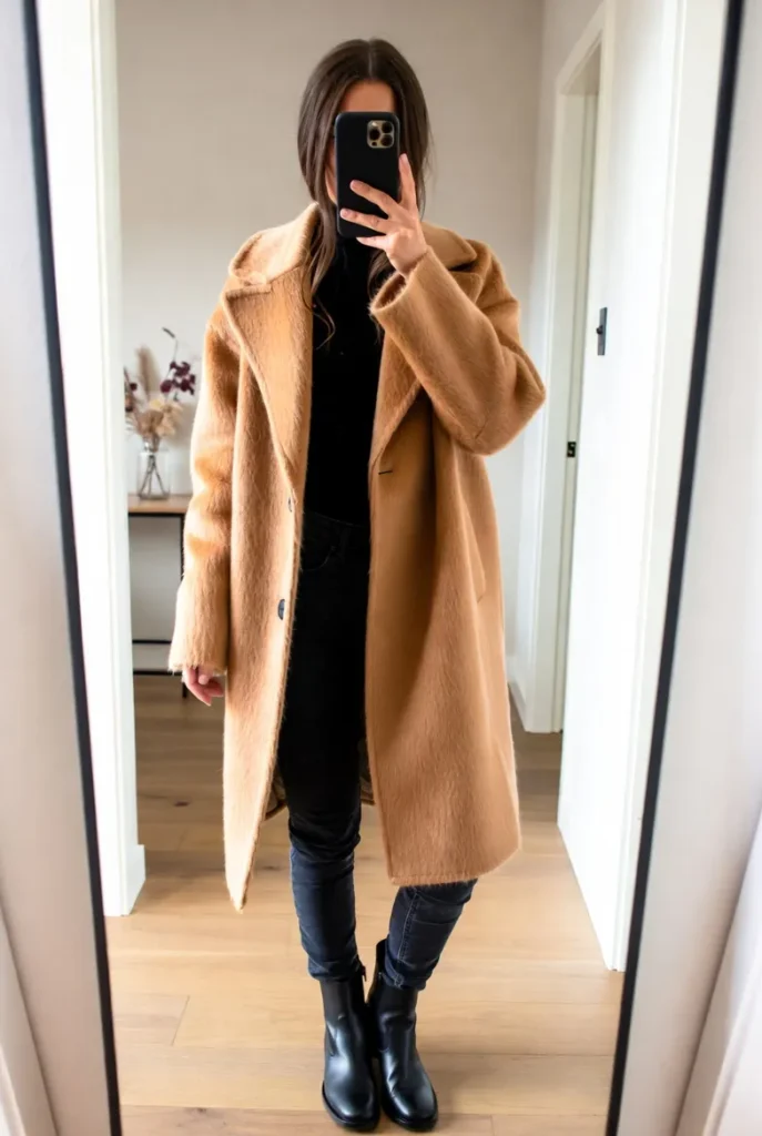 Bold camel fuzzy coat layered over black outfit and boots in 10 Brunch Outfit Ideas for Winter.