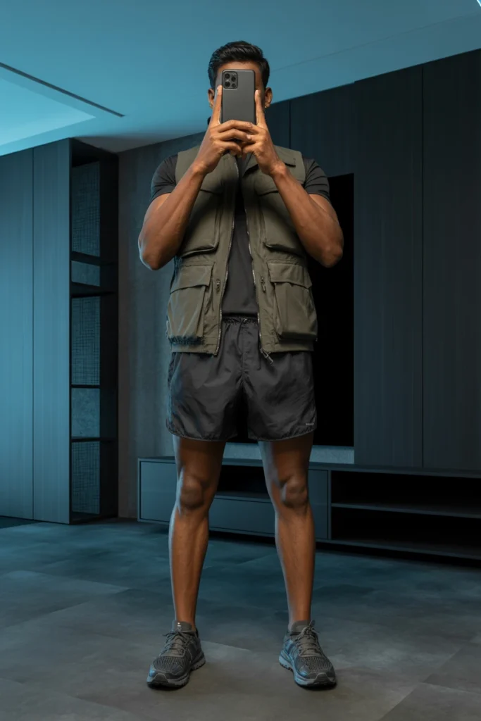 Technical olive utility vest paired with black athletic shorts, a modern take on Summer Streetwear Outfits for Men.