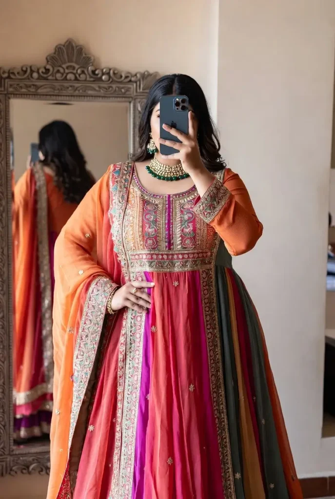 Classic Anarkali suit in coral and pink - Indian outfit ideas for plus-size women
