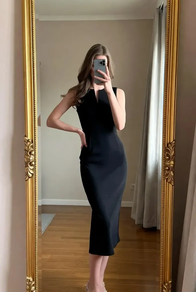 Classic little black dress mirror selfie - timeless birthday outfit idea for women